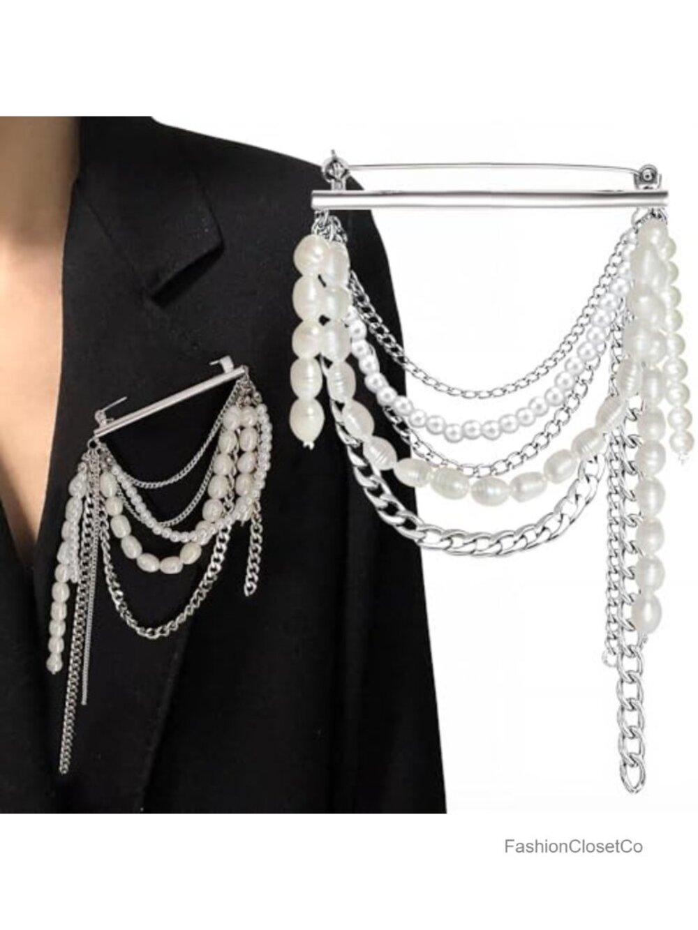 Metal Chain Pearl Tassel Brooch Pin for Women Silver Y2K Punk Multi Layer